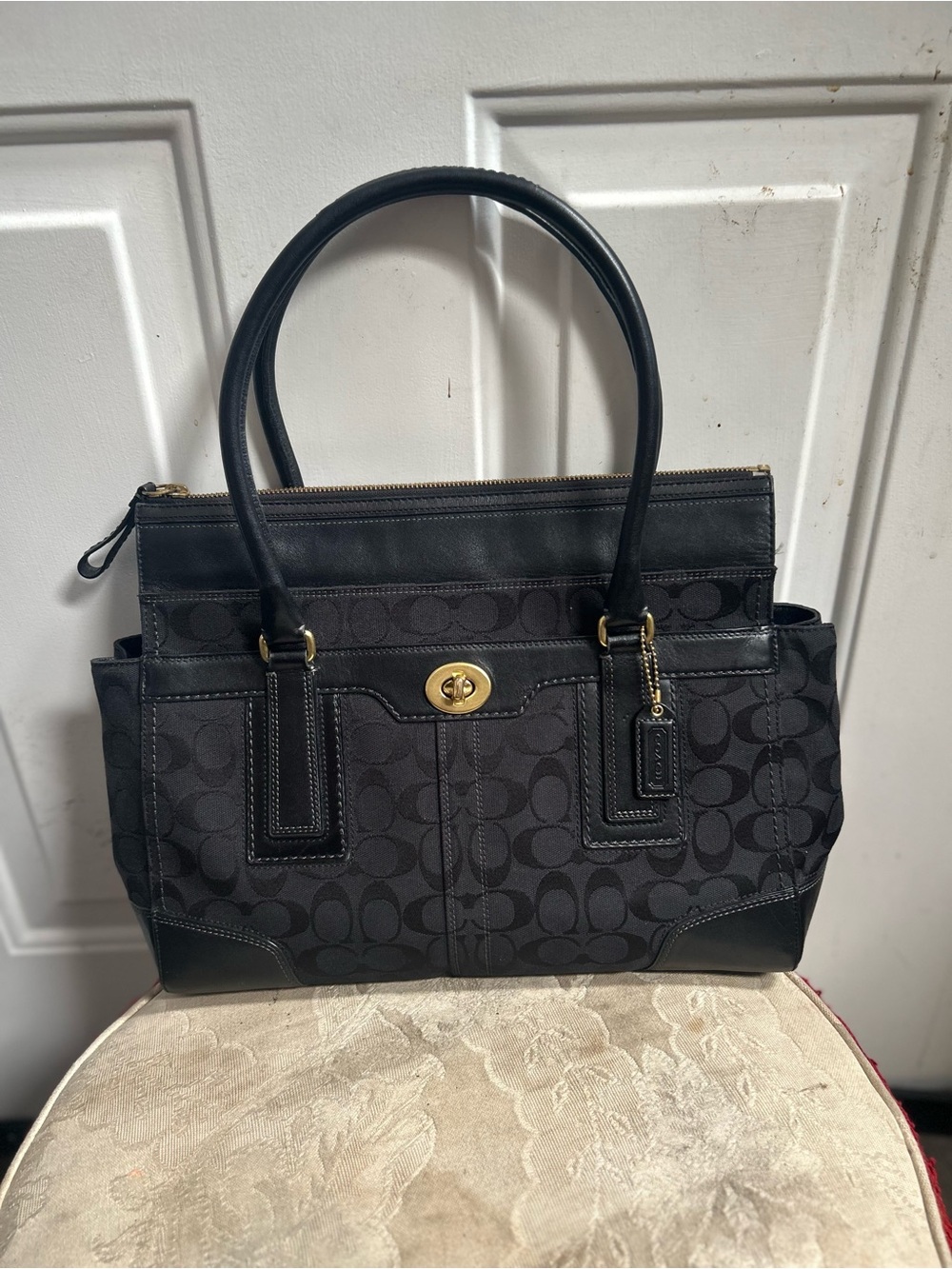 Vintage Coach Black Hampton Carryall Tote/Satchel Leather/Canvas